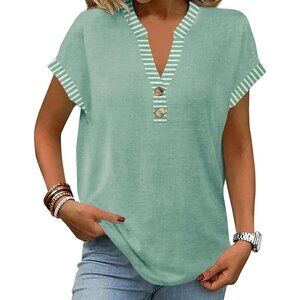 Womens Striped Henley Summer Top V Neck Button Casual Blouse XL